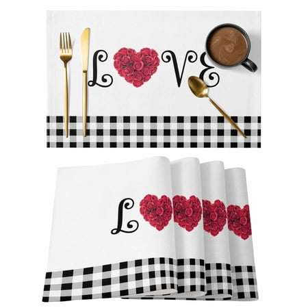 Valentine s Day Placemats Set of 1 Romantic Love Heart Pink Roses Floral Black Buffalo Plaid Non-Slip Place Mats Washable Table Mats for Kitchen Dining Table Decorations Indoor/Outdoor