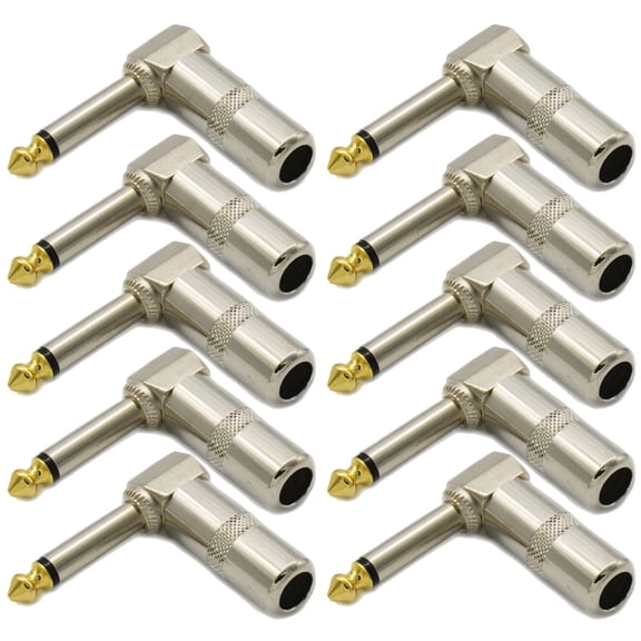ARCADORA 10 Pack 6.35mm 1/4 Inch Right Angle TS Male Plug Adapter for Guitar Bass Audio Cables Gold Plated Connectors