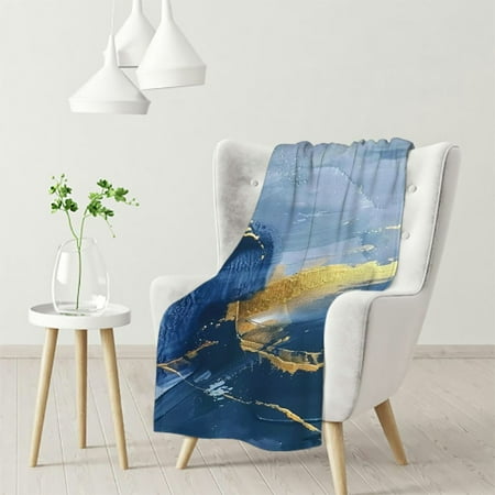 

ZHZY Blue and Gold Abstract Modern Watercolor Fluid Ink Flannel Blanket for Bed All Seasons 40x50in