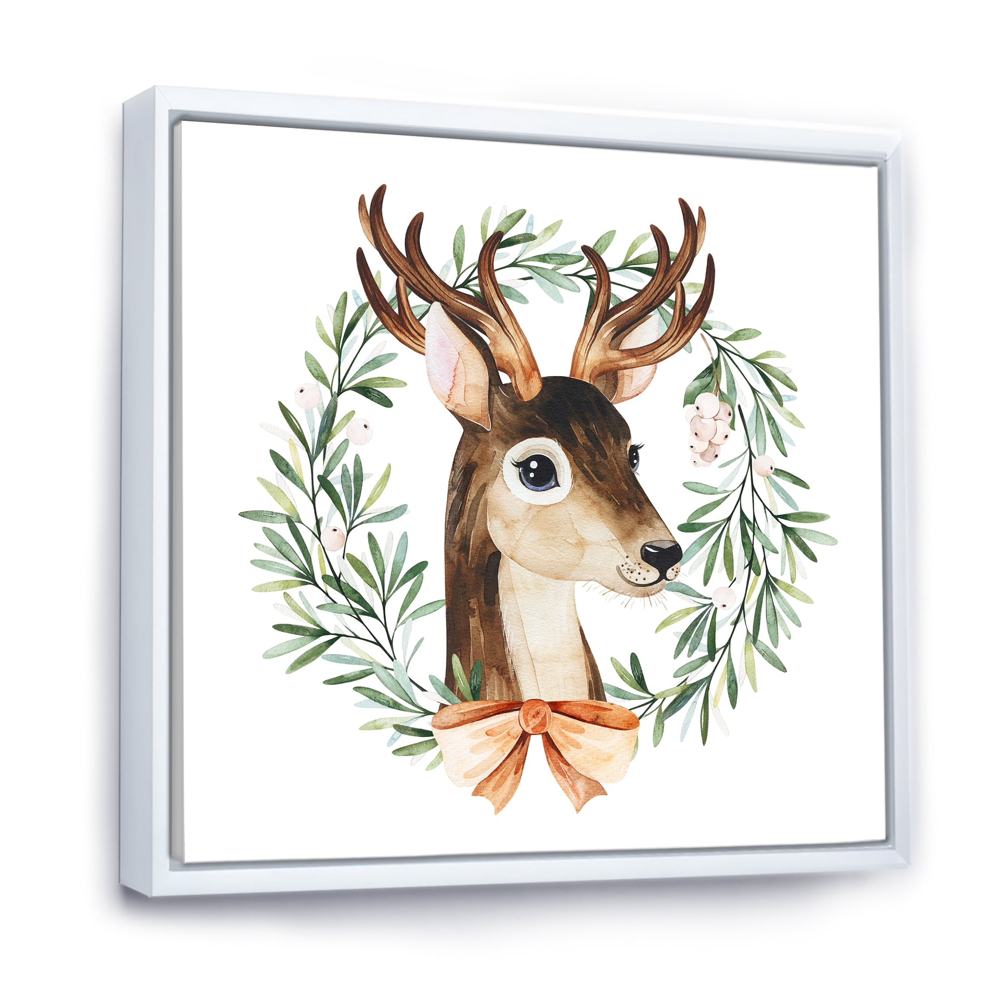 Designart 'Floral Wreath Isolated On White Over Deer' Farmhouse Framed Canvas Wall Art Print