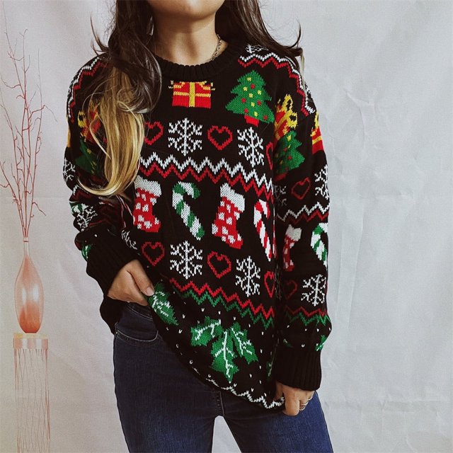 Suéter navideño, calcetines navideños, suéter de copo de nieve, suéter suelto de cuello redondo y manga larga para mujer