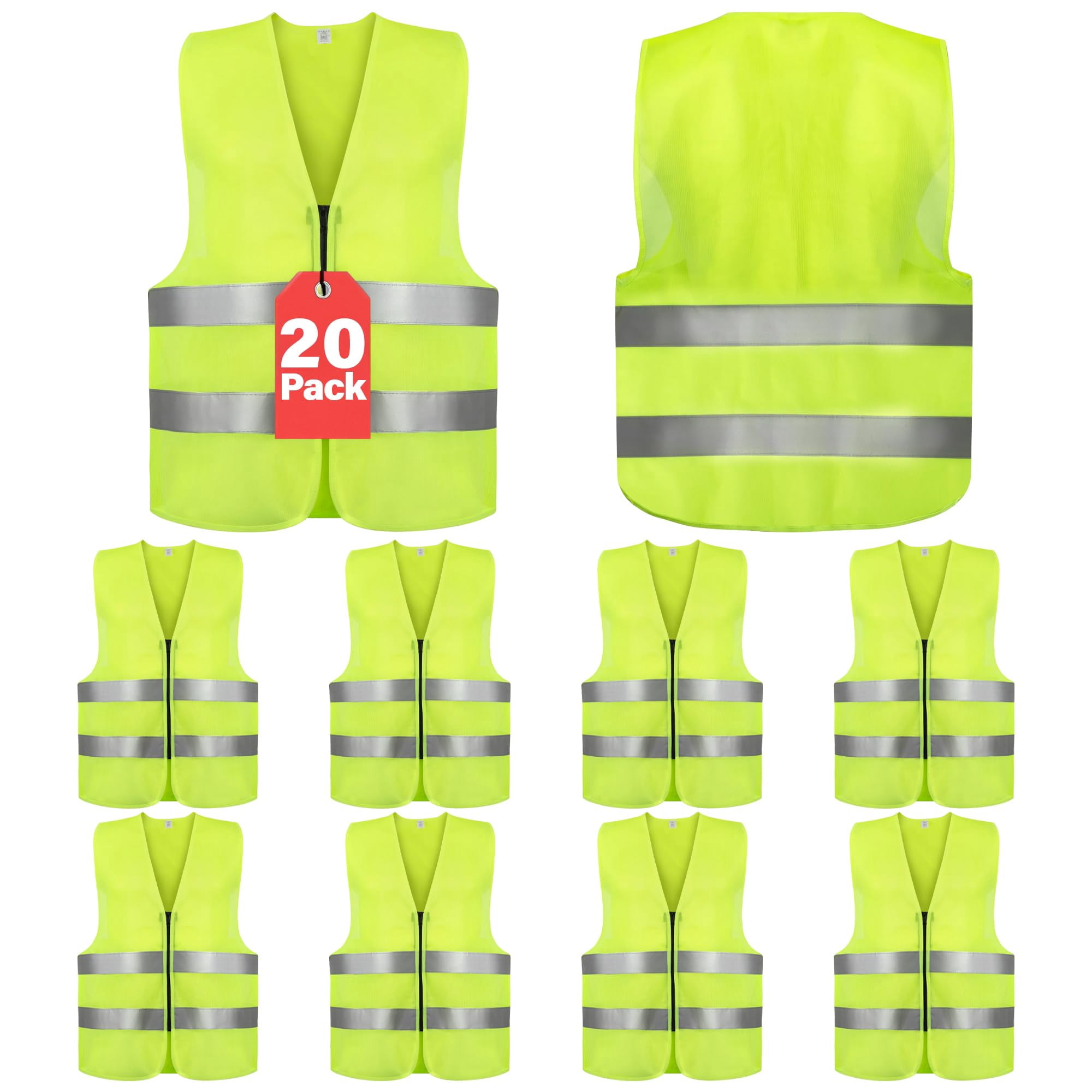 20 Pack of ANSI/ISEA Approved Reflective Yellow High Visibility Construction Safety Vests with Zipper Closure for Men and Women