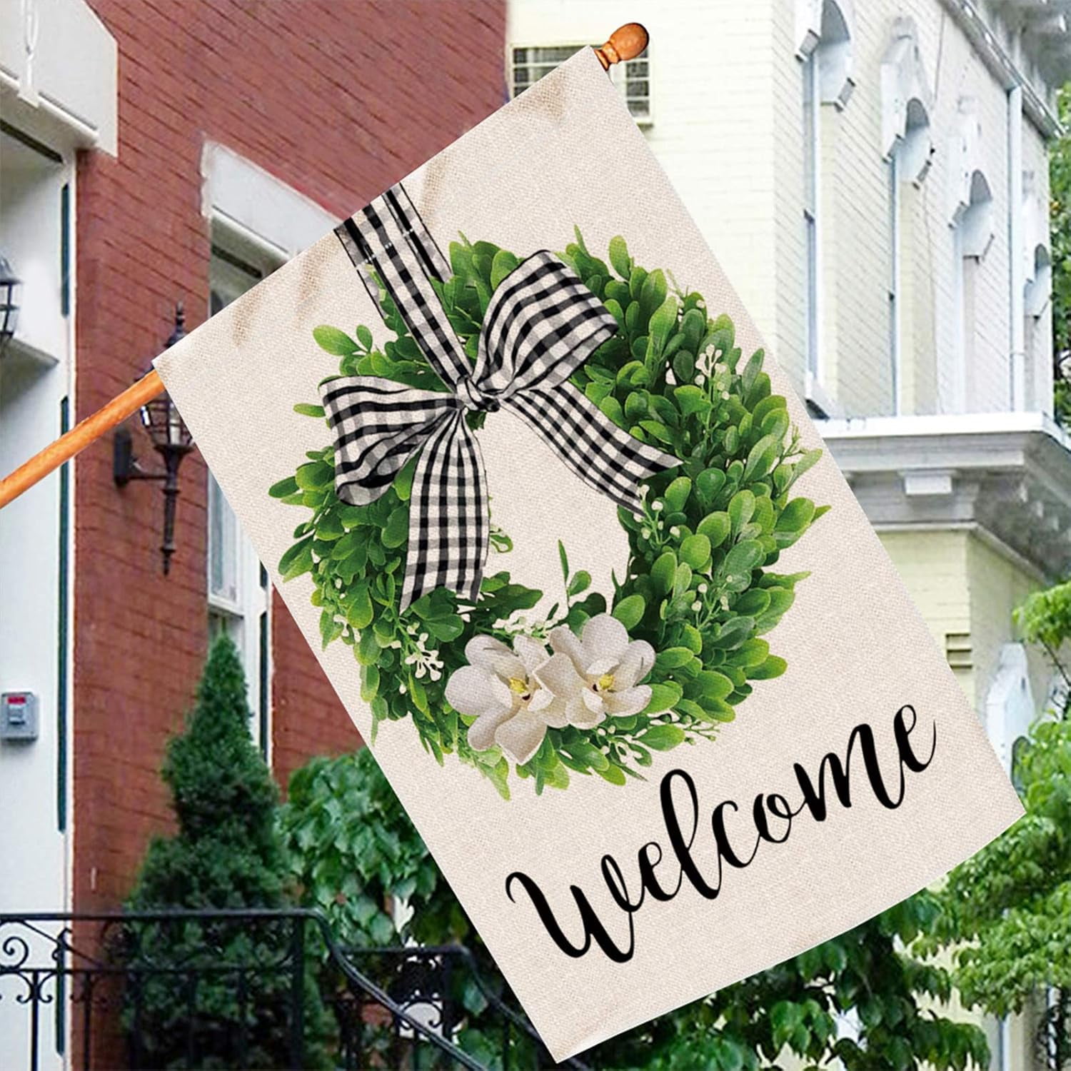 Hexagram Spring Welcome Garden Flag  Outside, Mailbox Decor, Seasonal Outdoor Linen Double Sided Spring Summer Flags for Outside, Boxwood Wreath Buffalo Plaid Yard Farmhouse Flag Decoration