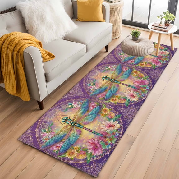 Runner Rug 2'x6', Purple Dragonfly Washable Non-Slip Hallway Runner Rugs, Colorful Flowers Watercolor Chic Floral Plant Bedside Rugs Floor Mats Carpet Runners for Kitchen Bathroom Laundry Room
