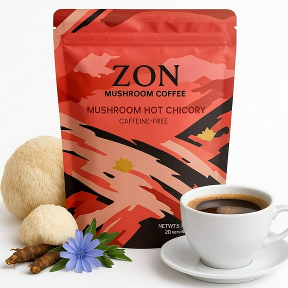 ZON Mushroom "Coffee" - Caffeine Free with Lion's Mane, Reishi, Cordyceps, Turkey Tail, Shiitake, King trumpet, Chicory & MCT- Focus & Energy Drink- 180g- Vegan, Keto- Friendly