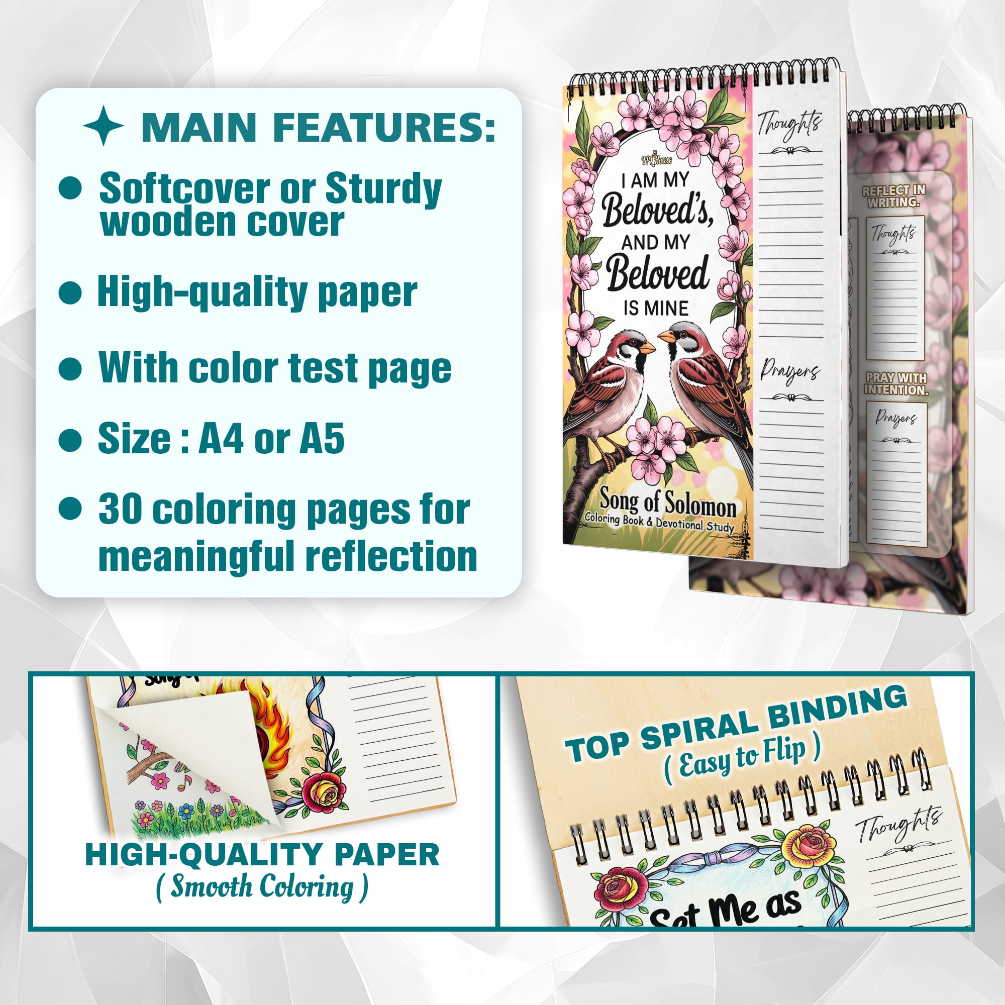 Song of Solomon Coloring Book for Adults, 30 Minimalist Scripture Art Pages with Reflection & Prayer Space, Spiral Bound, A4 or A5 Softcover or Wood Cover