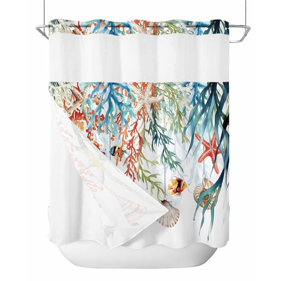 No Hook Shower Curtain with Snap-in Liner, Coastal Ocean Waterproof Fabric Bathroom Curtains, Summer Beach Coral Shell Starfish Bath Curtains & Mesh Top Window 66"x72"