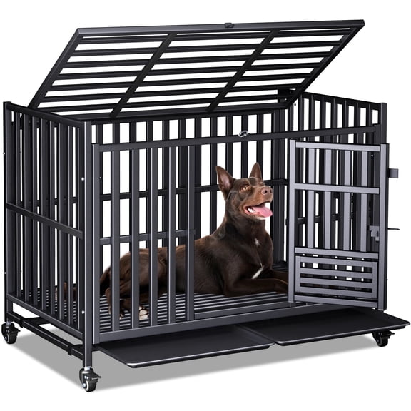 48 inch Heavy Duty Dog Crate, Indestructible Dog Crate for Large & High Anxiety Dogs, Escape Proof, Sturdy Heavy Duty Kennel with 3 Doors, 4 Lockable Wheels, 2 Removable Trays