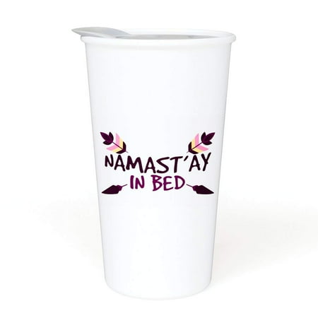 Cobalt Ceramic Mug - Ceramic Travel Coffee Mug with Lid (12 oz) - Namast'ay In Bed - Funny Mug - Gift for Women. Co-Worker, Friends or Family - Yoga, Meditation - Double Wall Ceramic - BPA-Free Lid - Dishwasher Safe