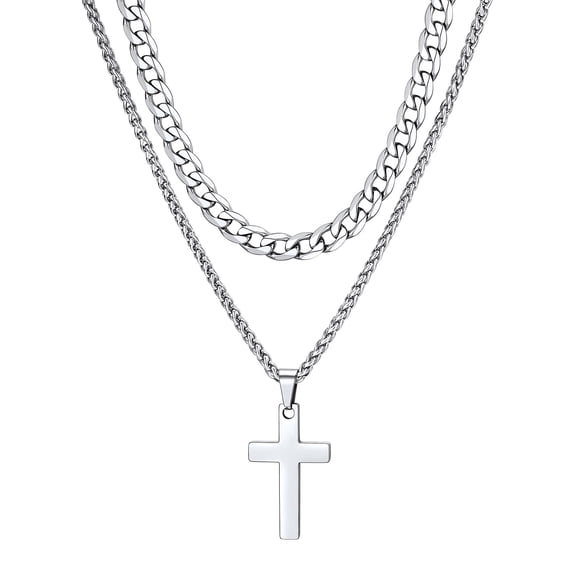 ChainsHouse 2pcs Layer Necklaces for Men Women Cross Pendant Cuban Link Chain Stainless Steel Jewelry Set Christmas Birthday Valentine's Day Gift, 18"