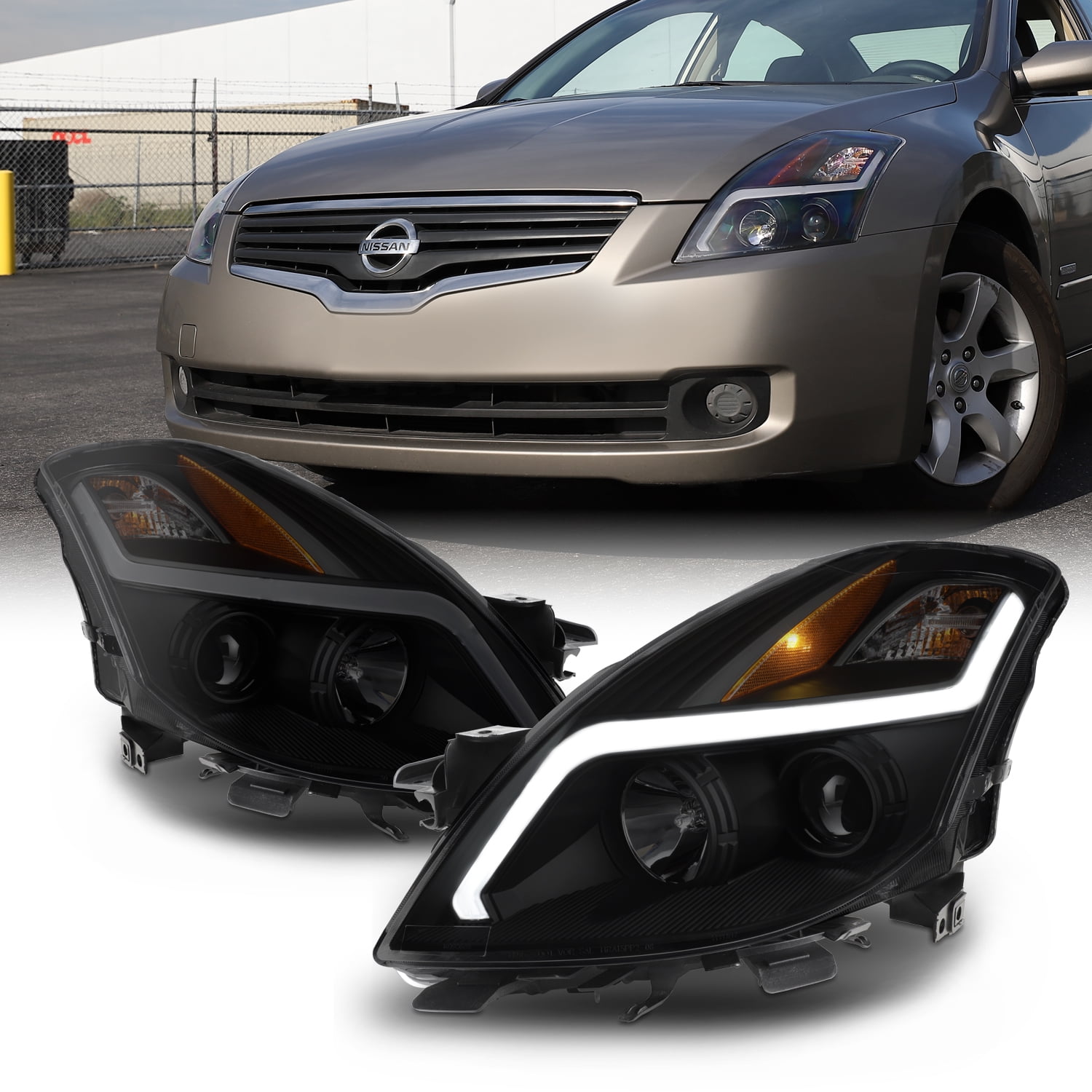 For 08 09 Nissan Altima Coupe LED Light Tube Projector Headlight Black