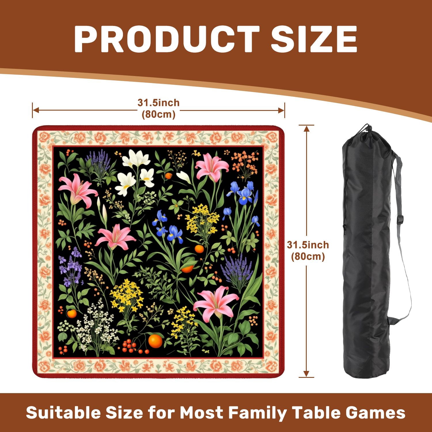 Mahjong Mat 31.5" x 31.5" Floral Pink Lilies Blue Irises White Yellow Flowers Black Non-Slip Noise Reduction American Mahjong Tiles Table Cover for Dominoes Poker Card Board Games Gift