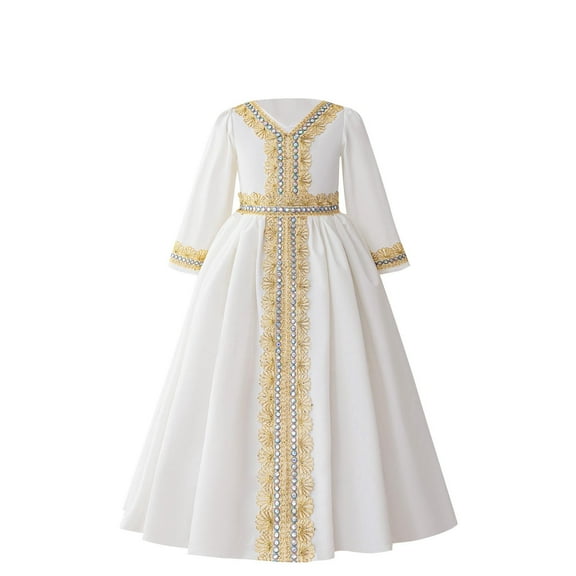 Zwiiyzr 2025 4-8Y Kids Girls Muslim Dress Embroidered Plated Long Sleeve V-Neck Princess Dress Loose Robe Party Wedding Dress White