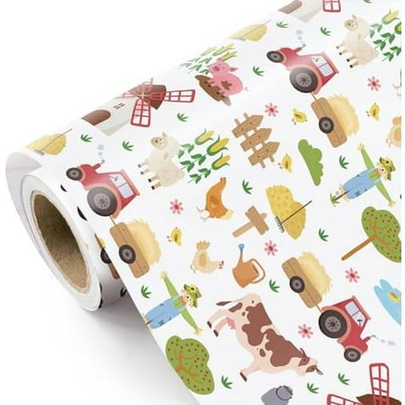 Farmhouse Wrapping Paper Roll - Mini Roll - 17 Inch x 16.5 Feet - Farm Animal Wrapping Paper for Birthday, Baby Shower, Country Present Wrapping