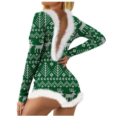 

Valentine s Day Deals Women’S Christmas Not Positioned Print V Neck Backless Feather Detail Long Sleeve Sexy Bodysuit Sexy Lingerie Pajamas Green L