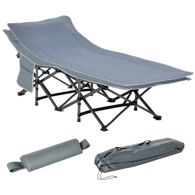 Outsunny Lit de Camp Pliant pour Adultes avec Matelas et Oreiller Gris Foncé