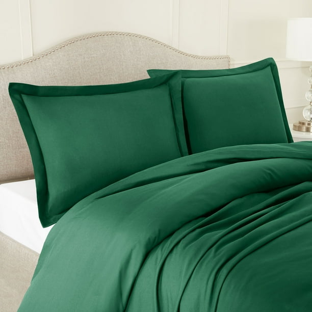 Queen Size 3 Piece Duvet Cover Set with Pillow Shams Hunter Green, Button Closure, Ultra Soft