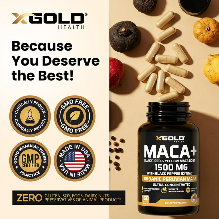X Gold Health Organic Maca Root Powder Capsules - Extra Strength 1500mg,  Vegan Pills w/Black Pepper - Walmart.com