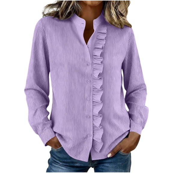 BLVB Womens Striped Ruffle V Neck Button down Blouse Casual Long Sleeve Trendy Tops Work Shirt Fashion Outfits