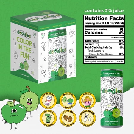 Oodles of Doodles Kids' Green Apple & Lime Sparkling Water, Color on The Can, 8.4 fl oz, 4 Cans
