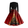 thumbnail image 6 of Women's Fashion Round Casual Slim Fit Christmas Print Large Swing Long Sleeve Dress, V-Neck, Holiday Print, Retro Style, Party Wear, Flare Hem,Wine,S, 6 of 7