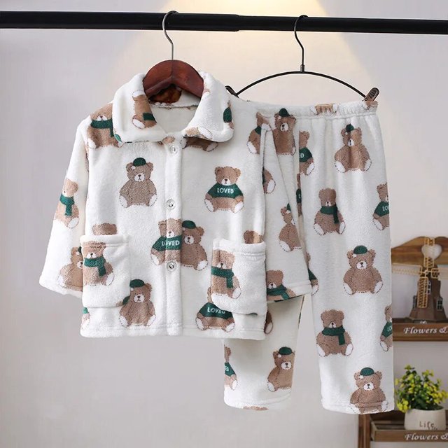 Conjuntos de pijamas de franela suave para niños y niñas, Tops de manga larga con solapa y pantalones de dibujos animados, ropa de dormir para otoño e invierno, novedad xuanjing unisex