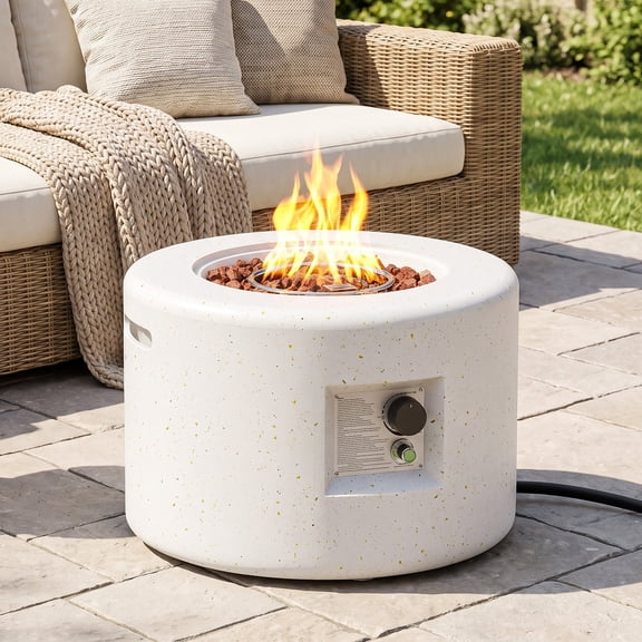 Dreischwarz 25.5" Round Terrazzo Propane Fire Pit, 40,000 BTU, PVC Cover and Lava Rocks