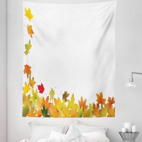 Maple Leaf Tapestry, Falling Autumn Forest Foliage Frame Like Seasonal Illustration, Fabric Wall Hanging Decor for Bedroom Living Room Dorm, 5 Sizes, White Orange and Pale Green, by Ambesonne