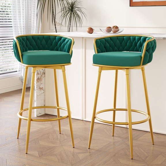 EUROCO Swivel Counter Height Bar Stools Set of 2, 31.5" Upholstered Bar Chairs with Hand-Woven Backrest & Gold Metal Legs,Tall Armless Kitchen Chairs for Island,Green