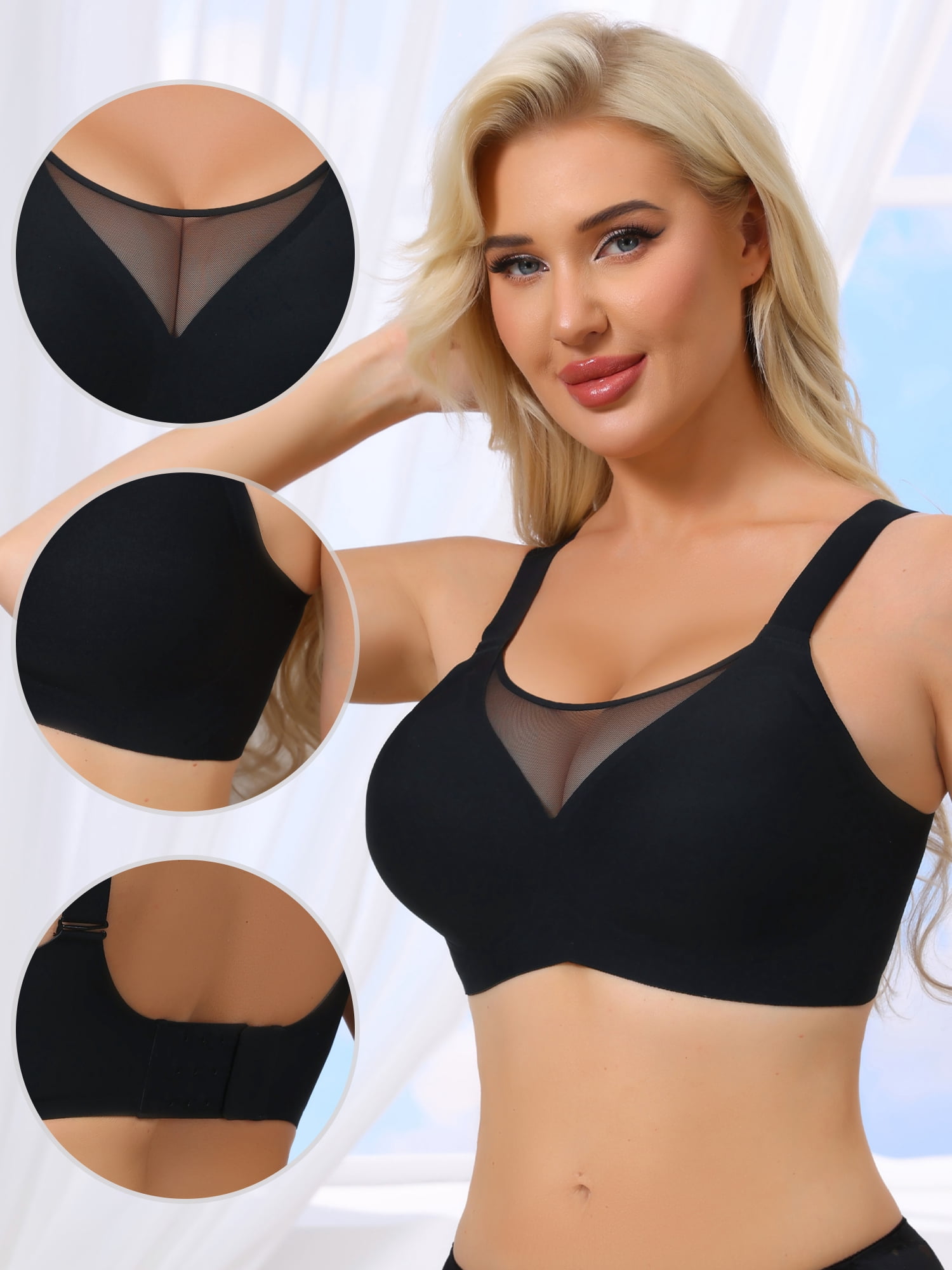DARING DIVA Women's Mesh V-Neck Wirefree Seamless Soft Bras XX-Large Black