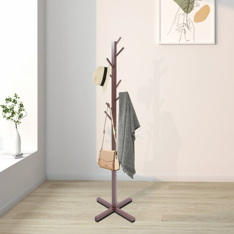 Fichiouy 59 Wood Coat Rack Free Standing Clothes Hanger Coat Hat Stand  Tree Holder w/8 Hooks Brown