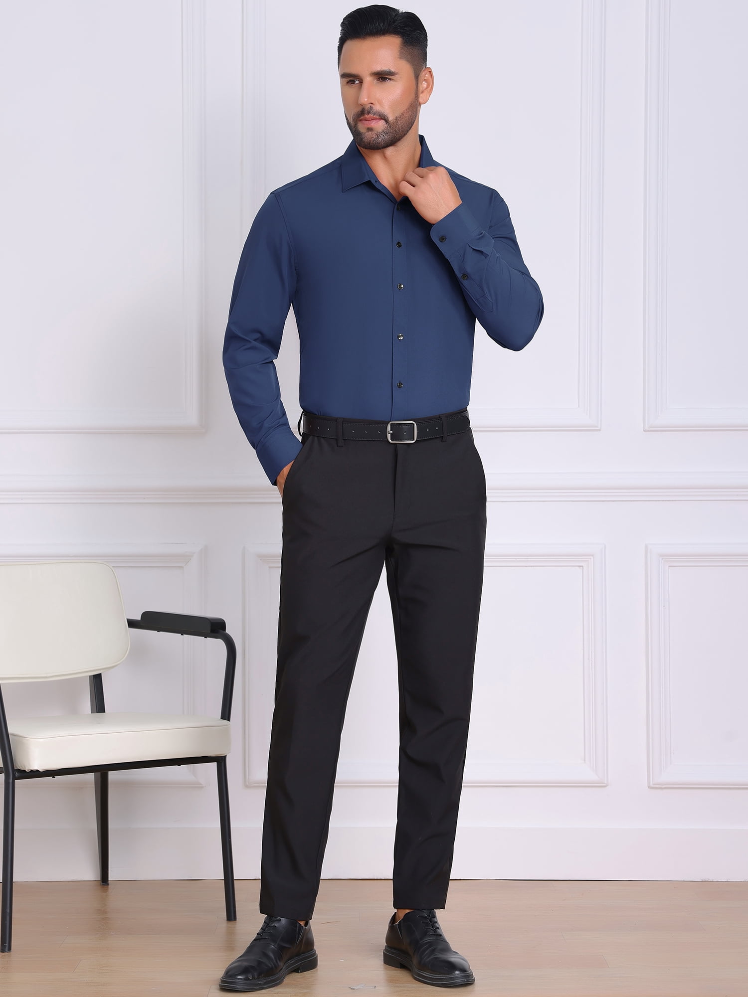 DARING DIVA Men's Solid Color Button Down Long Sleeves Stretch Shirts L Navy Blue