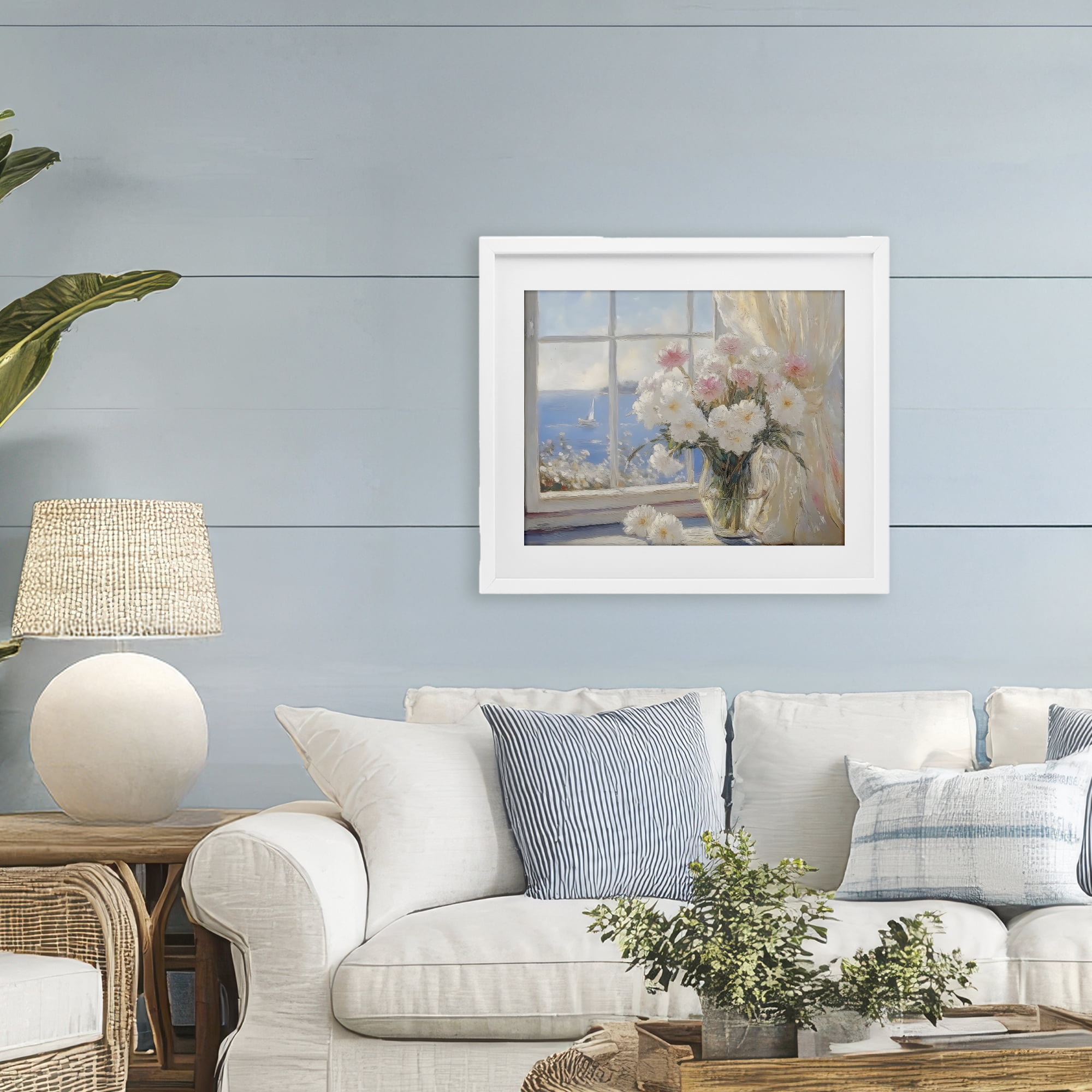 Stupell Industries Coastal View Floral Window Bouquet White Framed Print Under Glass, design by LSR Design Studio