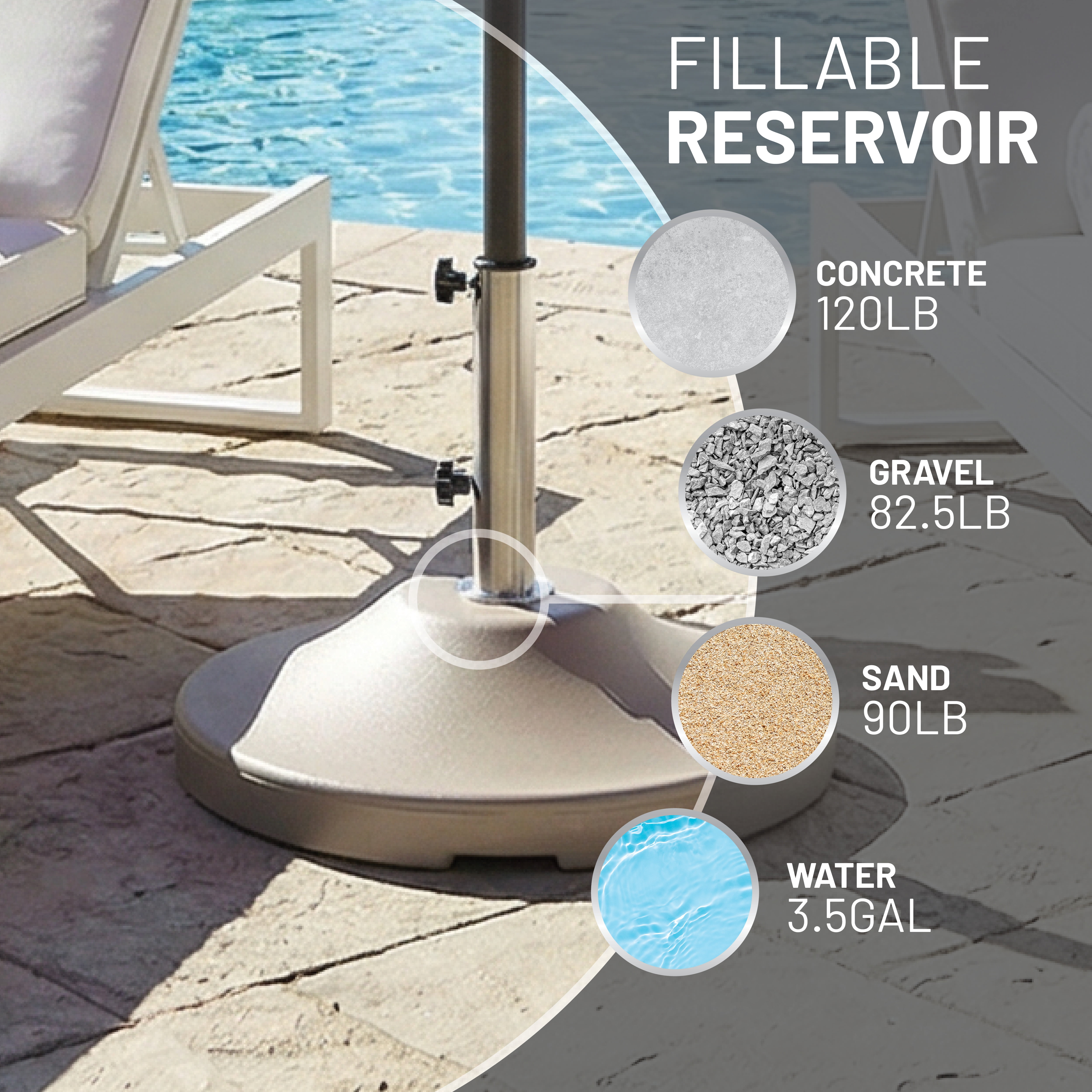 US Weight 120LB Capacity Fillable Free Standing Umbrella Base in Beige
