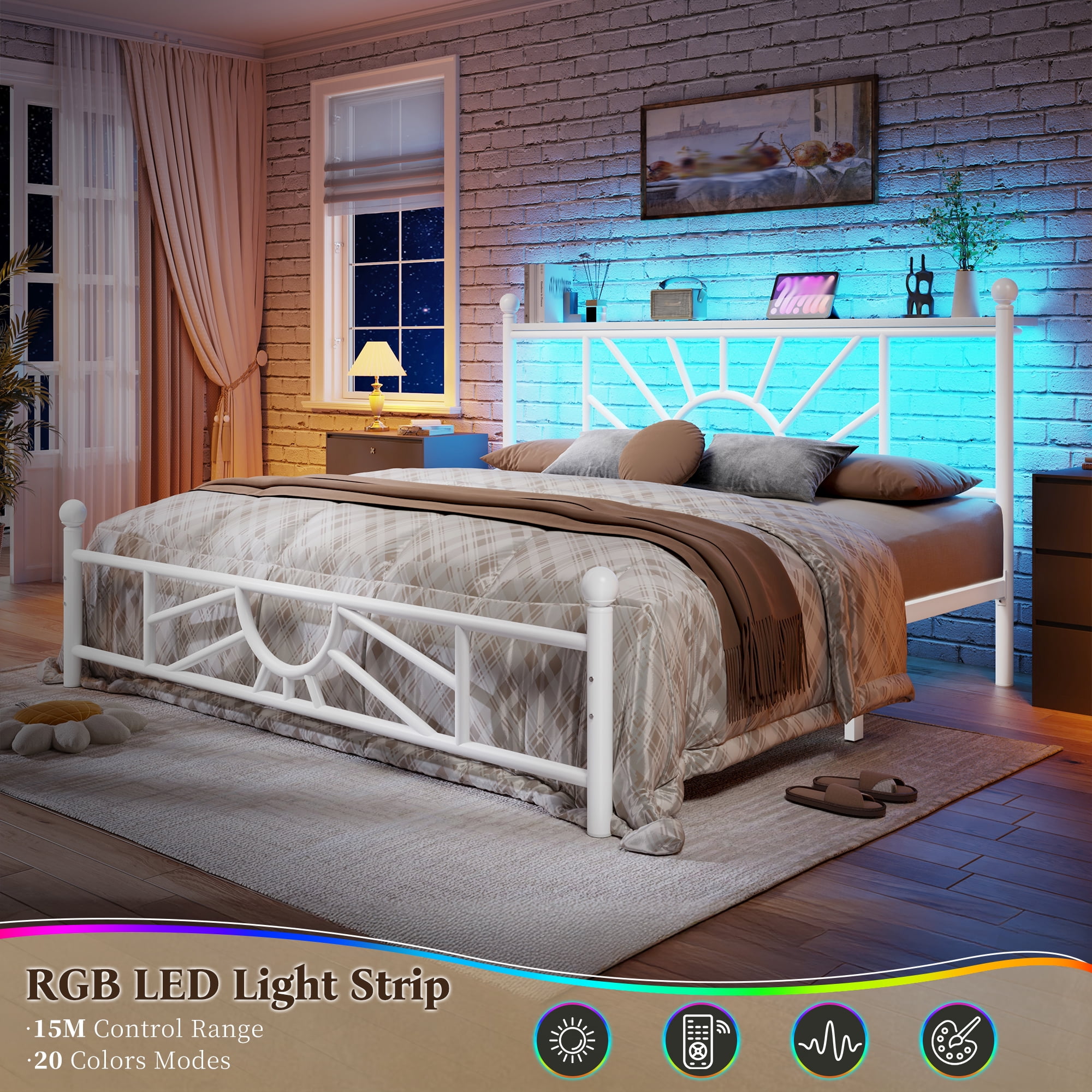 Queen Metal Bed Frame with LED Light,Headboard & Footboard,Under Bed Storage,Noise-Free Design,Easy Assembly,No Box Spring Needed, White