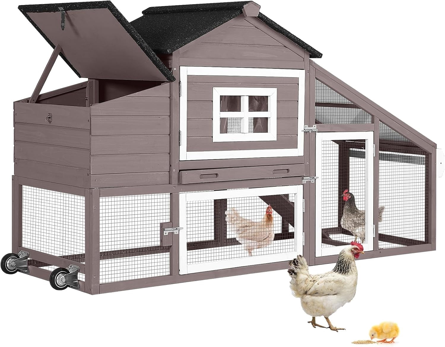 BUTINGLALE Chicken Coop on Wheels, Mobile Chicken House, Wooden Hen Houses, Outdoor Rabbit Hutch, for 2-4 Chickens 67" (Brown)