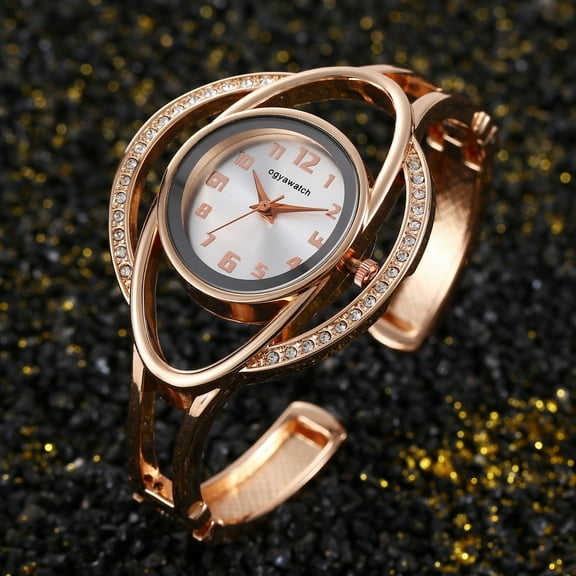 Women's Luxury Gold Bracelet Watch - Unique Orbit Design with Crystal Accents, Round Black Dial, Open Cuff Style Quartz Wristwatch for Formal Events, Casual Wear, and Daily Accessory