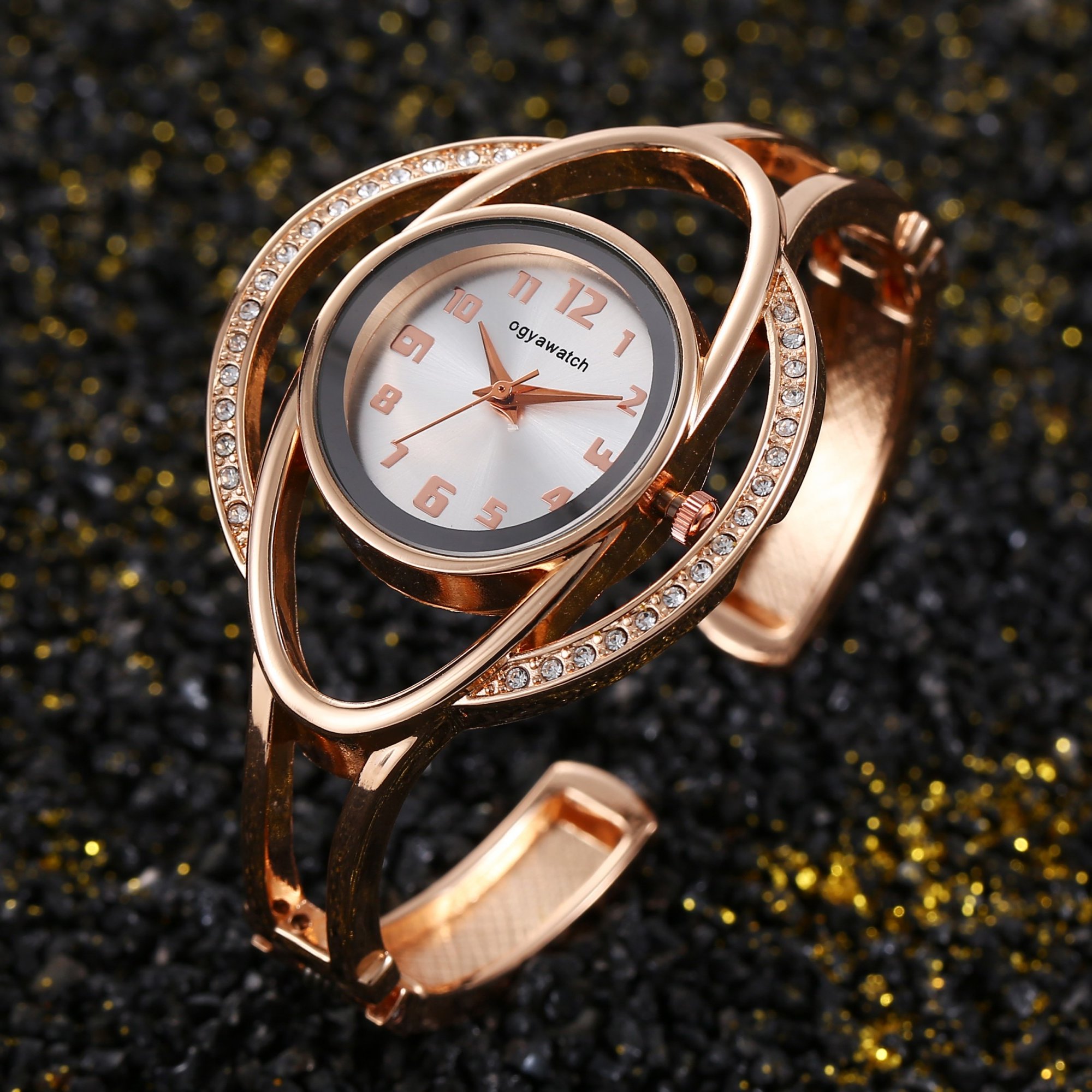 Women's Luxury Gold Bracelet Watch - Unique Orbit Design with Crystal Accents, Round Black Dial, Open Cuff Style Quartz Wristwatch for Formal Events, Casual Wear, and Daily Accessory