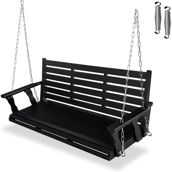 Innovaze 5 Ft Outdoor Wooden Porch Swing with Cupholders, Heavy Duty 880 LBS for 3 Seater,All-Weather resistant, Black