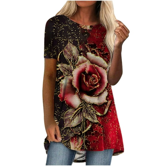 IROINNID Tops For Women Tunic Tops Casual Printed Short Sleeve Round Neck Pullover Blouse Spring