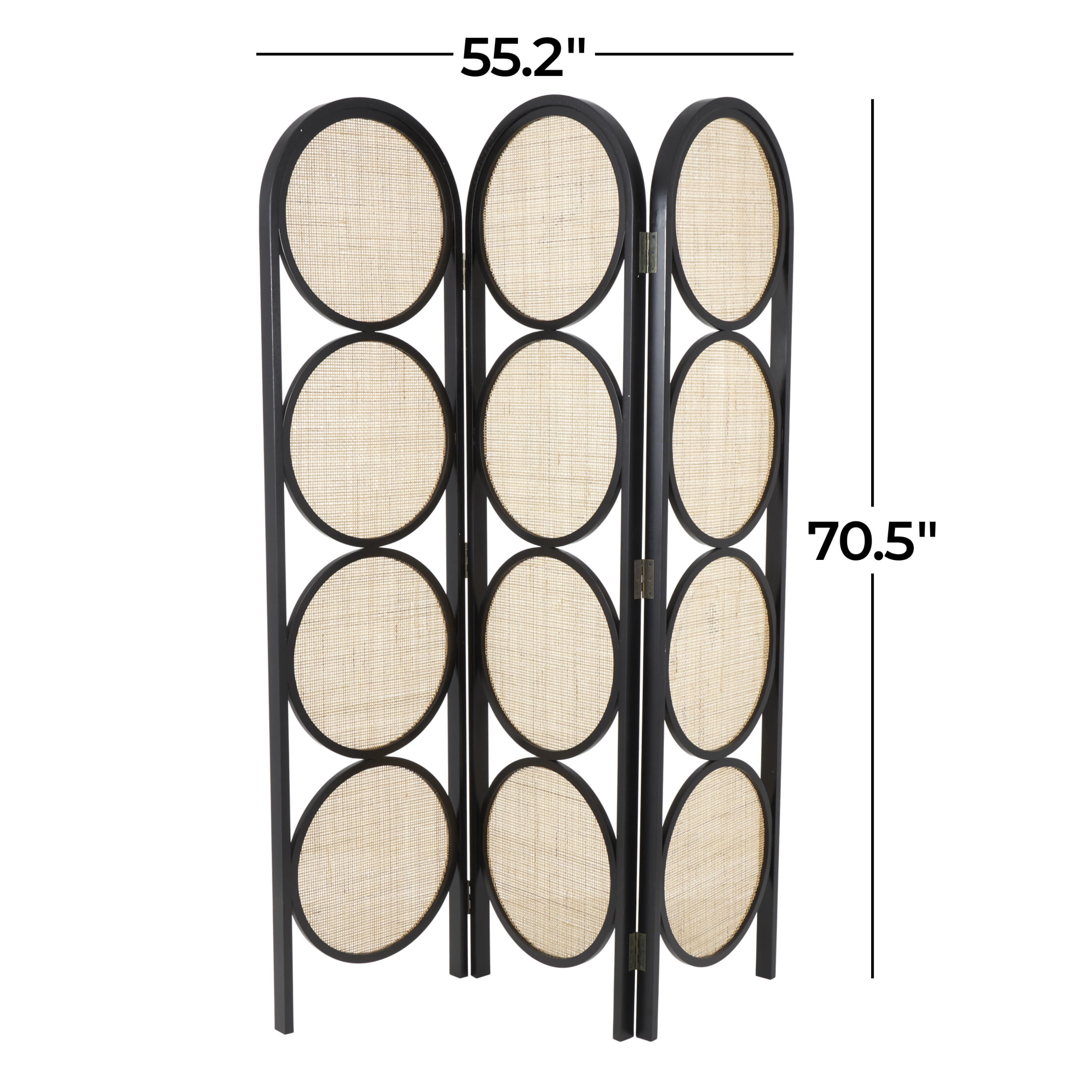 DecMode 55" x 71" Black Wooden Geometric Handmade Arched Foldable 3 Panel Room Divider Screen with Woven Cutouts, 1-Piece
