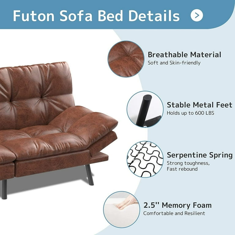 MILEMONT Modern Memory Foam Futon with Adjustable Armrests Leather