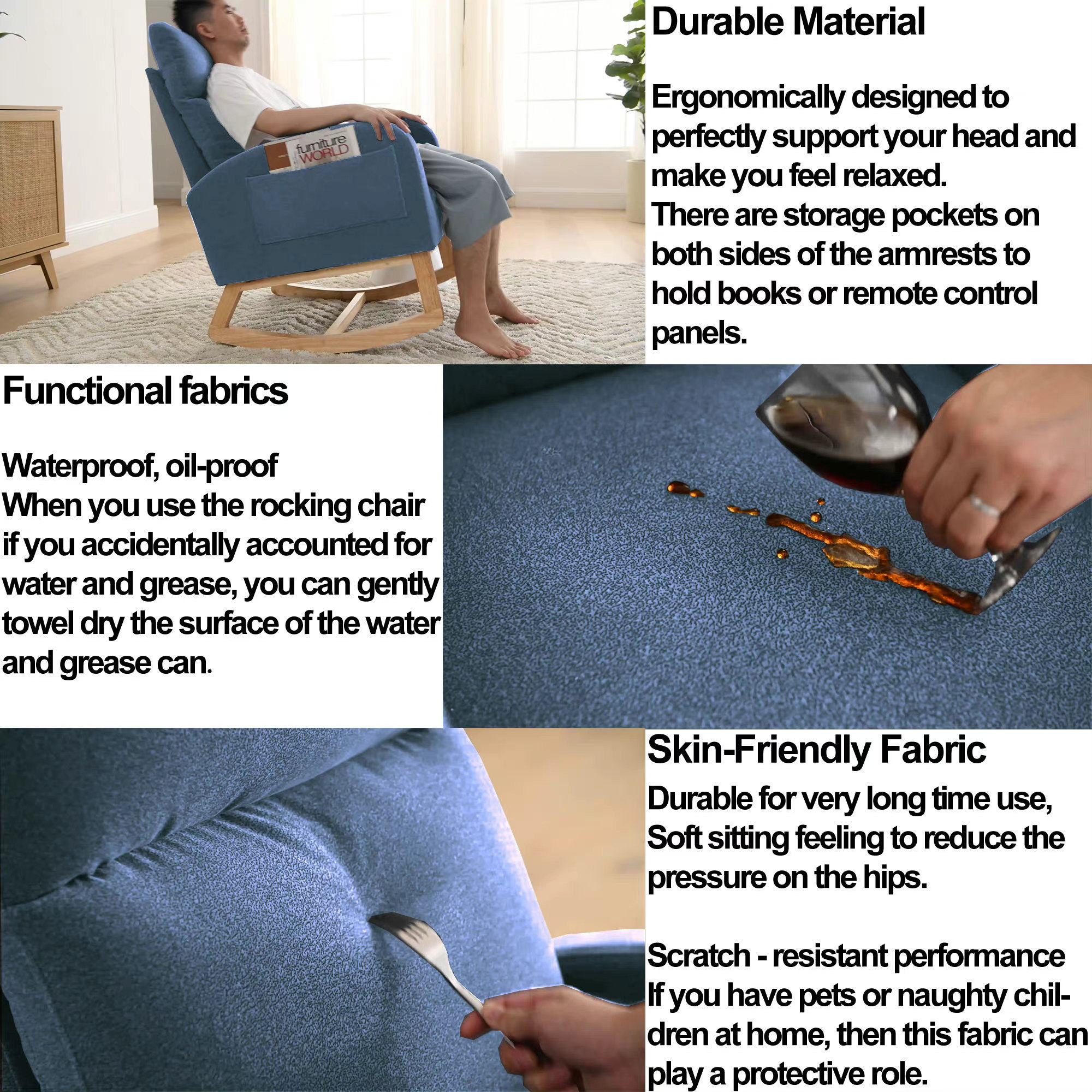 Zechuan Rocking Chair for Nursery - Living Room Lounge Armchair with Side Pockets - Blue Velvet