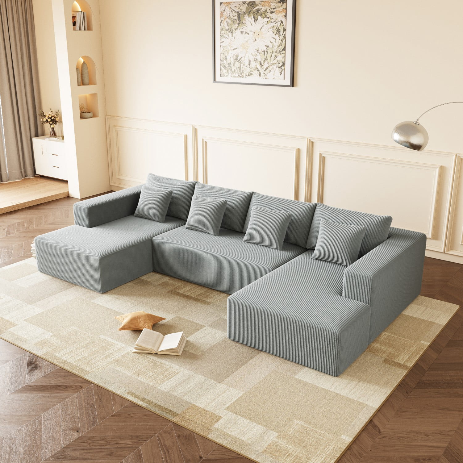 Gewnee Luxury Oversized Deep Seat Corduroy U-Shaped Modular Sofa with Chaise - For Living Room, Office