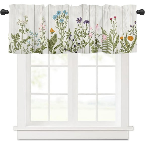 Spring Summer Leaf Wildflower Kitchen Curtains Valances for Windows Sage Green Leaves Rod Pocket Window Valance Farmhouse Toppers Curtain 54x18 Inch for Bedroom Bathroom Living Room Decor