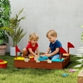 thumbnail image 2 of Qaba Kids Wooden Sandbox, Sand Pit with Flags, 4 Seats, Ground Liner, 2 of 10