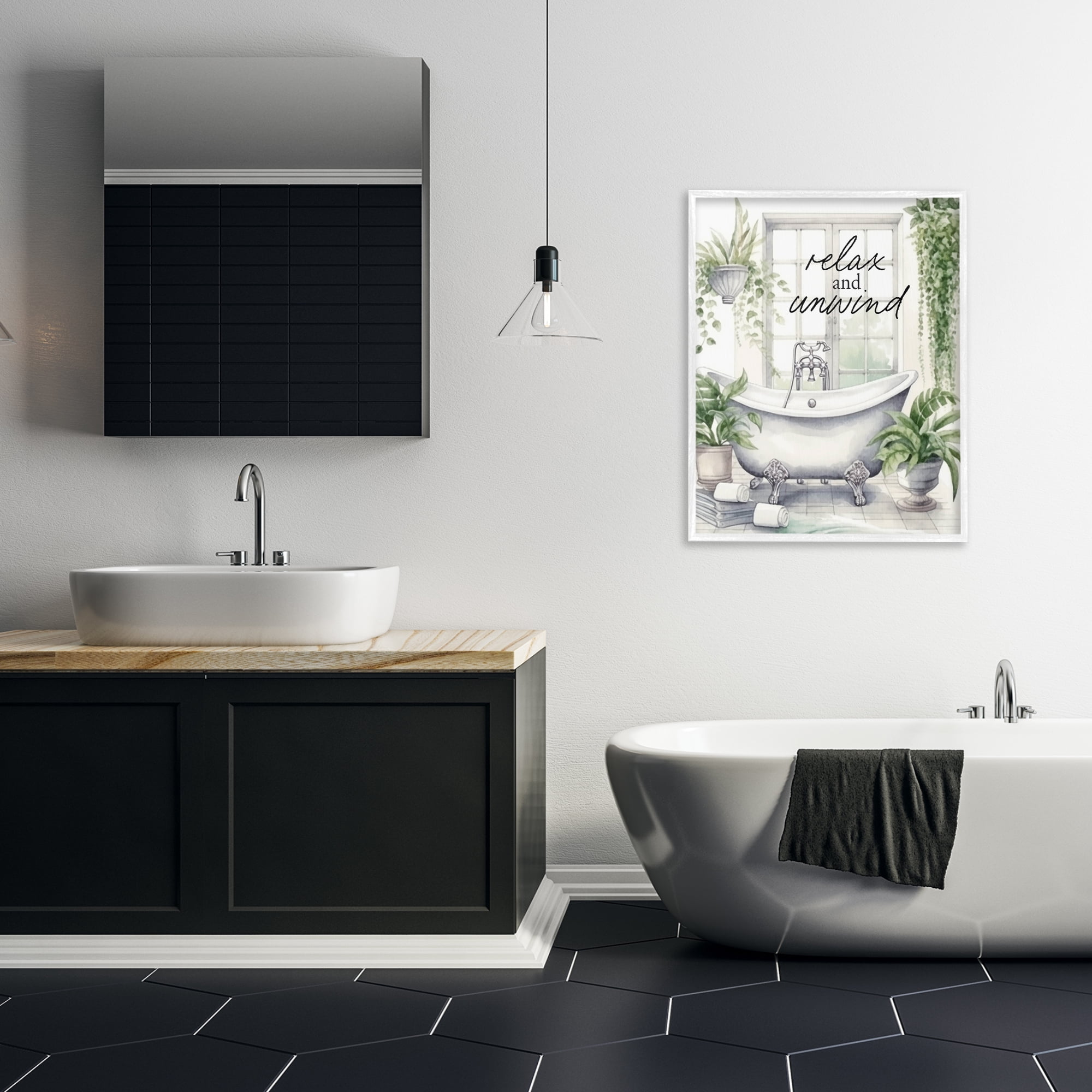 Relax Unwind Bath & Foliage White Framed Giclee Art, design by Lettered and Lined
