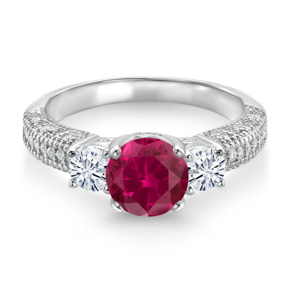 Gem Stone King 925 Sterling Silver Red Created Ruby and White Moissanite Engagement Ring for Women (2.09 Cttw, Round 7MM and 4MM, Size 7)