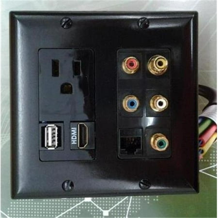 Video Combo Faceplate - CERTICABLE CUSTOM MADE DOUBLE GANG WALL PLATE IN BLACK - 110V POWER OUTLET + HDMI + USB + CAT5E RJ45 + 5 RCA AUDIO/VIDEO FACEPLATE