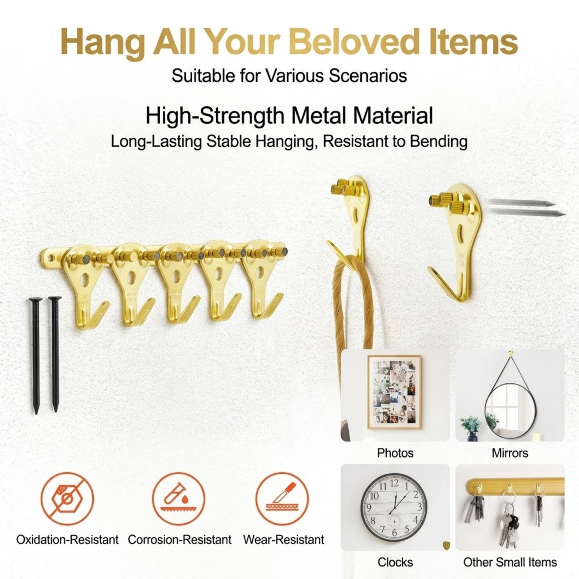130-Piece Picture Hanging Kit, 10lb to 100lb Heavy Duty Metal Hooks with Nails, Gold